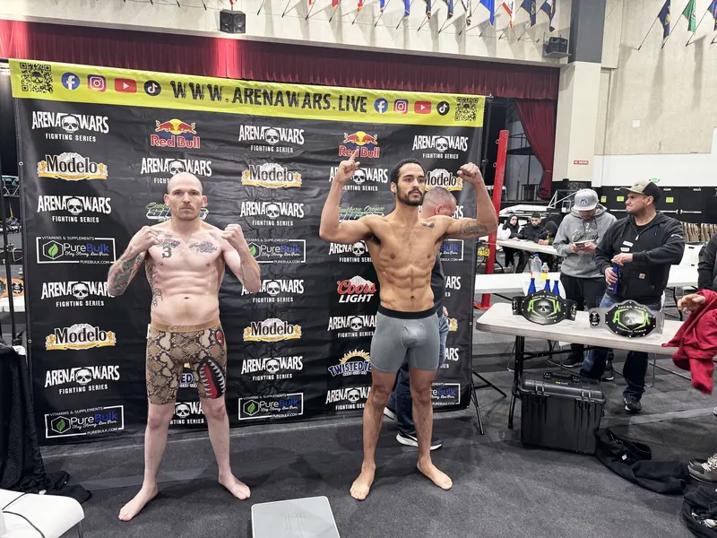 Jeremiah flexing at the Arena Wars weigh-in, January 2025